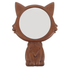 Brown Wooden Cat Handled Mirror Small Travel Cosmetic Hand Mirror