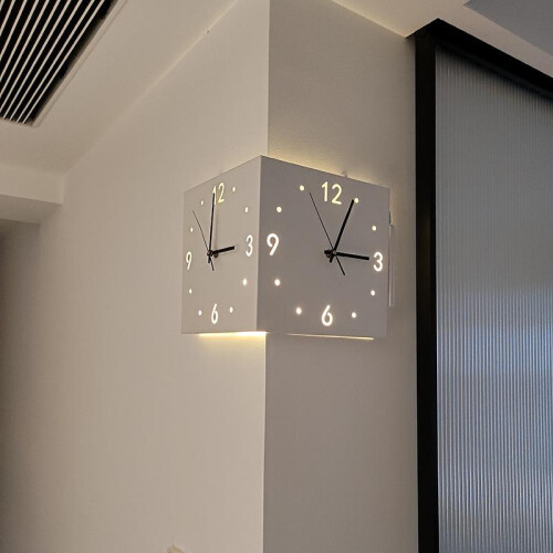(Arctic White Add LED) Creative Corner Double-Sided Wall Clock Silent Living Room Decorative Clock Dual Face Clock Universal 1