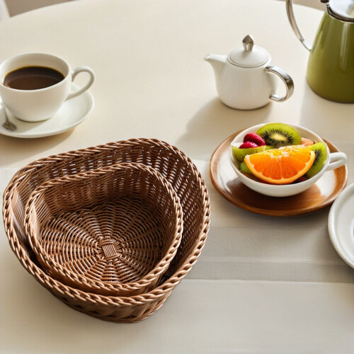 2Pcs Plastic Rattan Heart Storage Basket Brown for Kitchen Bathroom 2