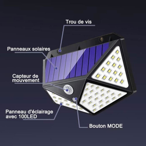 Kit com 4 Luminárias Solares Externas de 100 LEDs e 2200mAh com 3 Modos - AUDBURN - Preto - Sensor de Movimento 1