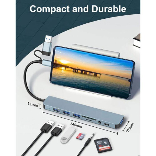 Hub USB-C OTBACT - 8 em 1 - Alumínio - 4 portas USB - Leitor de cartão SD/TF 1