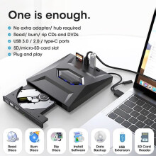 Ulkoinen USB 3.0 erittäin ohut CD/DVD-lukija/kirjoitin + Type-C-portti + SD-kortinlukija + ROM RW PC:lle, Macille, Windows 11:lle, 10:lle, 8