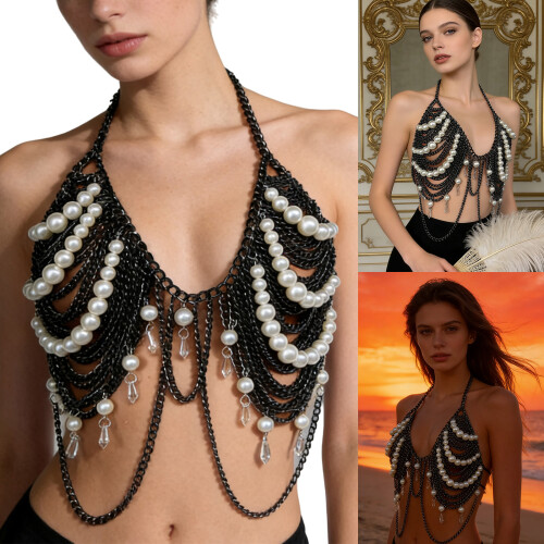 Source Direct Vest Acrylic Pearls Chain Comfort Long-Black OS 2