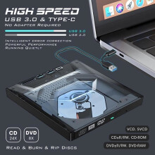 Externe USB 3.0 ultradunne cd/dvd-lezer/schrijver + Type-C-poort + SD-kaartlezer + ROM-RW voor pc, Mac en Windows 11-10-8-7