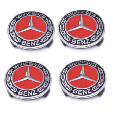 4 rode 75 mm Mercedes Benz ABS wieldoppen met embleem en logo