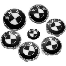 Mango - KIT 7 Emblema LOGO BMW Negro Gris Capó 82 mm + Maletero 74 mm + Volante + 4 Centro de Ruedas 68 mm