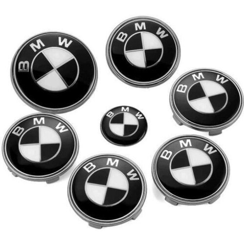 Mango - KIT 7 Badge Logo Emblem BMW Μαύρο Γκρι Καπό 82mm + Πορτμπαγκάζ 74mm + Τιμόνι + Κέντρο 4 τροχώ