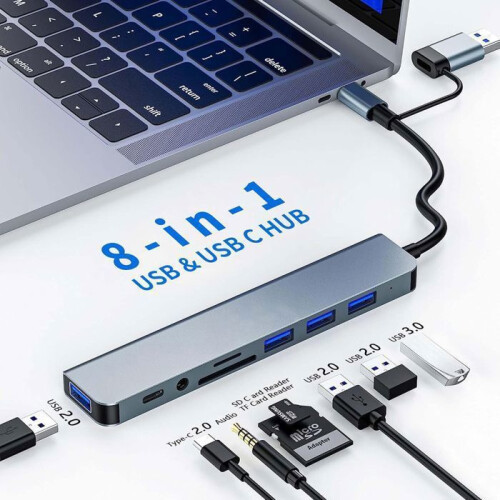 Διανομέας USB-C OTBACT - 8 σε 1 - Αλουμινίου - 4 θύρες USB - Αναγνώστης καρτών SD/TF 2