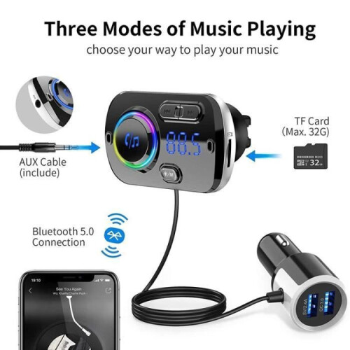 FM Transmitter - Bluetooth - Radio Adapter - Hands-Free - QC3.0 - Colorful Light 2