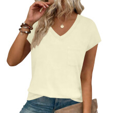 Women's V Neck Cap Sleeve T-Shirt-Beige S
