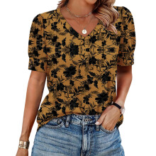 Women's  Short Sleeve Button-Down V-Neck Shirts-Yellow XXL