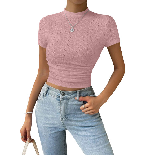 Women's Short Sleeve T-Shirt Basic  Workout Top  Neck-Pink S