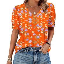 Women's  Short Sleeve Button-Down V-Neck Shirts-Orange XXL