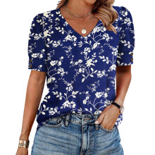 Women's  Short Sleeve Button-Down V-Neck Shirts-Navy Blue XL