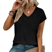Women's V Neck Cap Sleeve T-Shirt-Black S