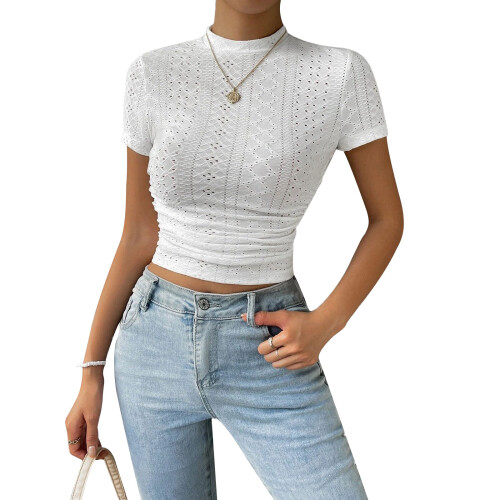Women's Short Sleeve T-Shirt Basic  Workout Top  Neck-White L