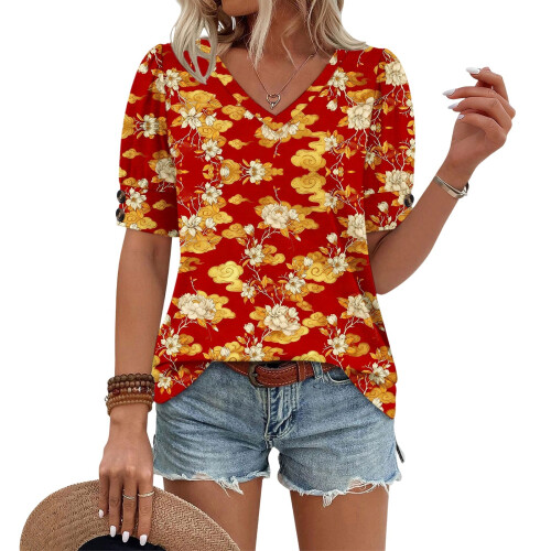 Women's  Short Sleeve Button-Down V-Neck Shirts rSets -Blue L 2
