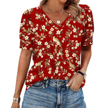 Women's  Short Sleeve Button-Down V-Neck Shirts rSets -Red S