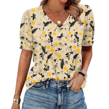 Women's  Short Sleeve Button-Down V-Neck Shirts rSets-Beige XXL