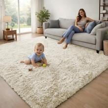 (Cream) 120x170cm Large Shaggy Rug -Faux Fur Shaggy Carpet for Bedroom Livingroom UK