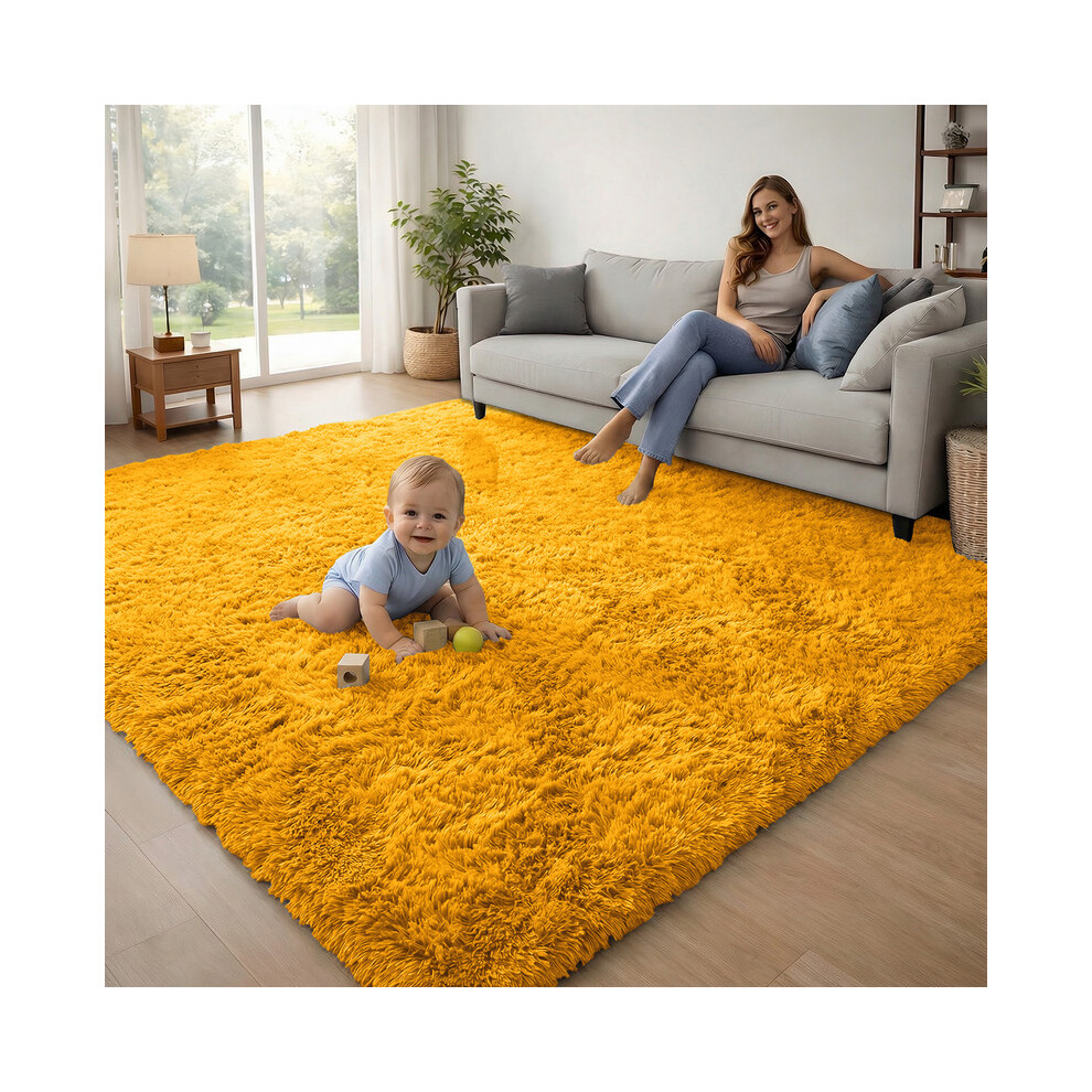 Imperial Rooms (Ochre/Yellow) 120X170cm Large Shaggy Rug -Faux Fur Shaggy Carpet For Bedroom Livingroom Uk Yellow