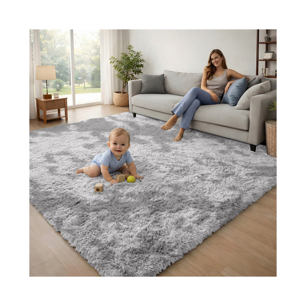 Imperial Rooms (Tie Dye Light Grey) 120X170cm Large Shaggy Rug -Faux Fur Shaggy Carpet For Bedroom Livingroom Uk
