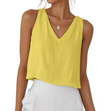 Women Cotton Linen Tops V Neck Sleeveless Shirts-Yellow L