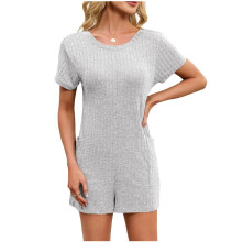 Women Casual Ribbed Short Sleeve T-Shirt Tee Romper-Gray S