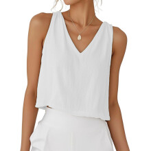 Women Cotton Linen Tops V Neck Sleeveless Shirts-White M