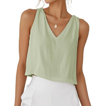 Women Cotton Linen Tops V Neck Sleeveless -light green XXL