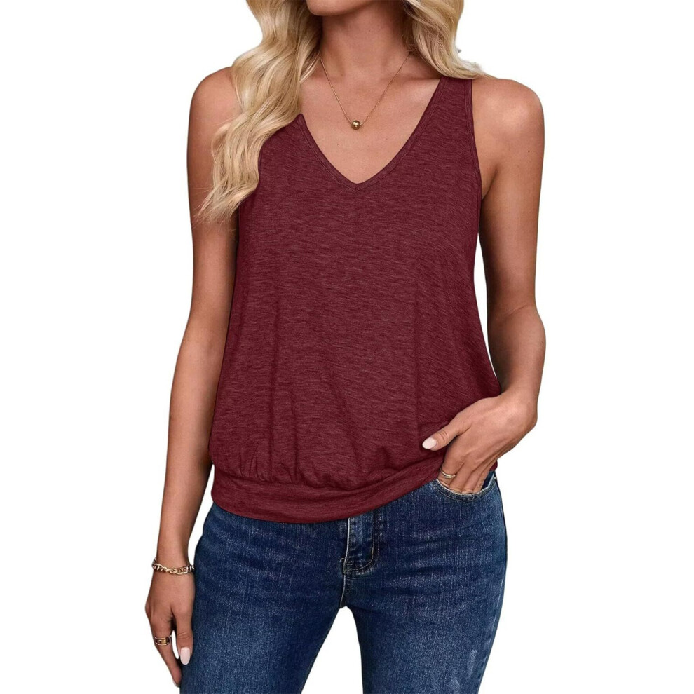 Womens  Casual V Neck  Spring Beach Vacation Clothes-Claret XXL