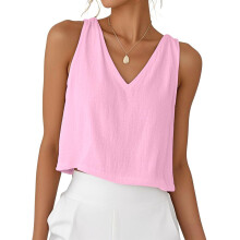 Women Cotton Linen Tops V Neck Sleeveless Shirts-Pink XXL