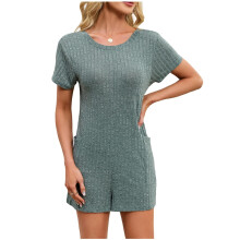 Women Casual Ribbed Short Sleeve T-Shirt Tee Romper-Green XL
