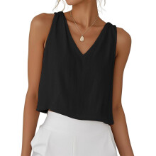 Women Cotton Linen Tops V Neck Sleeveless Shirts-Black M