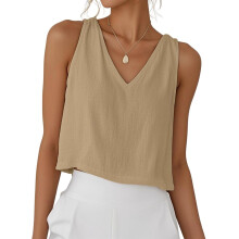 Women Cotton Linen Tops V Neck Sleeveless Shirts-Khaki XL
