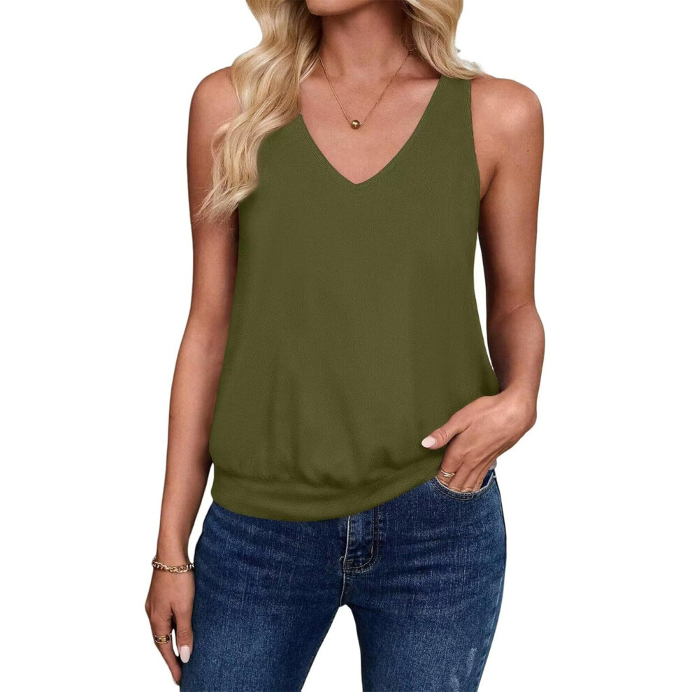 Green Womens Casual V Neck Spring Beach Vacation Clothes- L