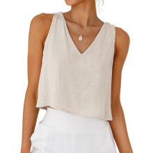 Women Cotton Linen Tops V Neck Sleeveless Shirts-apricot XXL