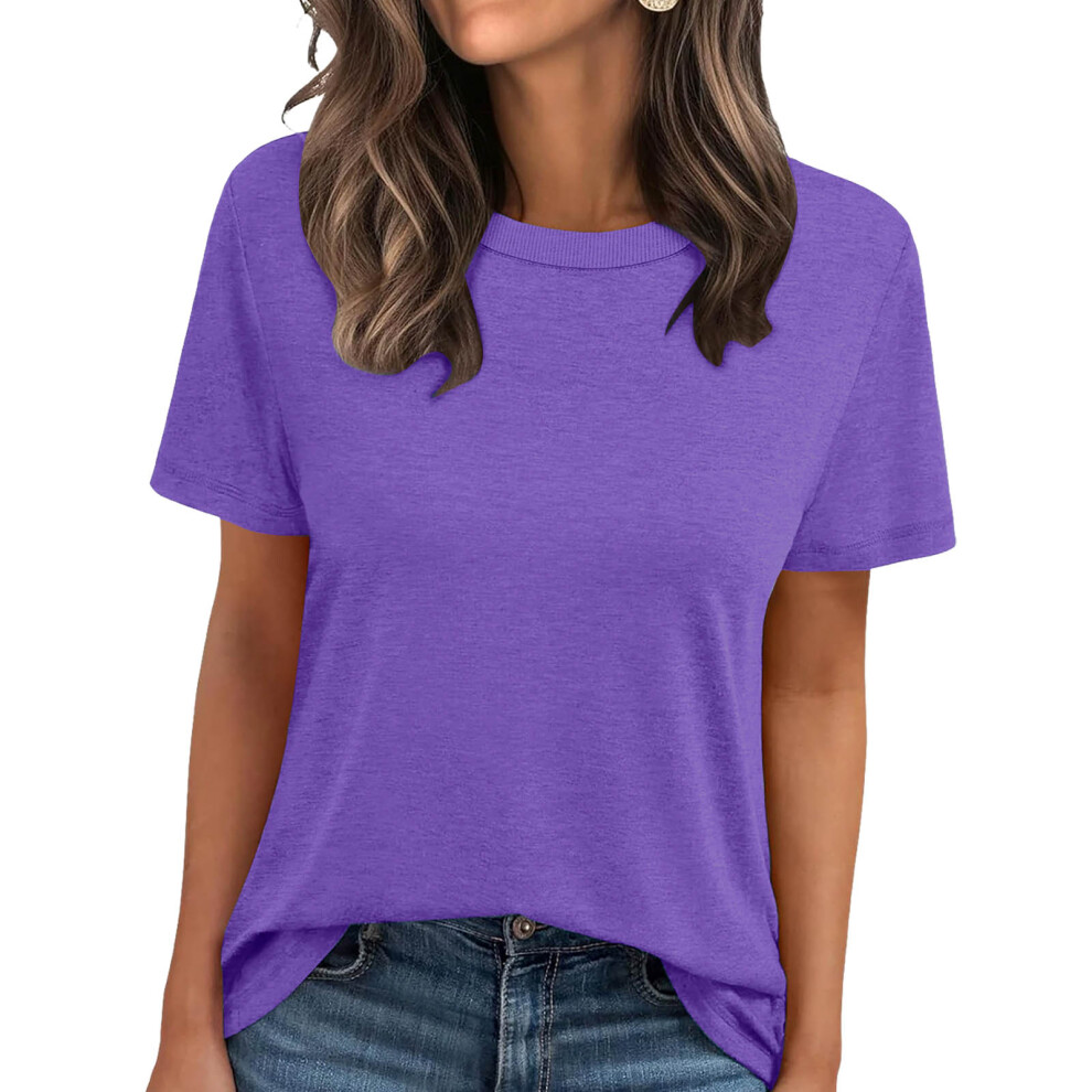 Women's Summer Short-Sleeve Ribbed Crew Neck T-Shirt --Purple L