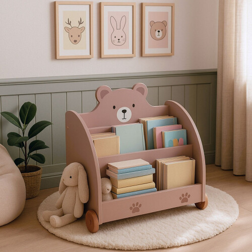 Estante infantil com tema de urso, com rodinhas e espaço para guardar livros. 1