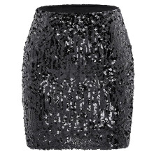 Women Glitter Sequins Hip Wrap Mini Skirt High Waist-Black L