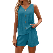 Women's Summer 2 Piece Outfits Linen Sleeveless V-peacockblue S