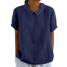 Women's cotton and linen top solid color collared-dark blue L