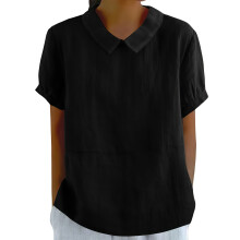 Women's cotton and linen top solid color collared-Black XXL