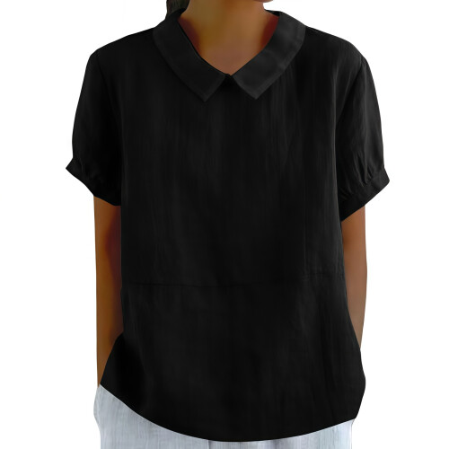 Women's cotton and linen top solid color collared-Black XXL
