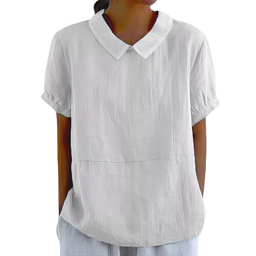 Women's cotton and linen top solid color collared-White XL