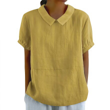 Women's cotton and linen top solid color collared-Yellow XXL