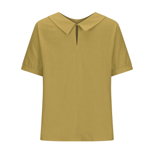 Women's cotton and linen top solid color collared-apricot L 2