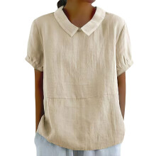 Women's cotton and linen top solid color collared-apricot XXL