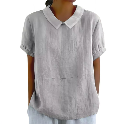 Women's cotton and linen top solid color collared-Gray M