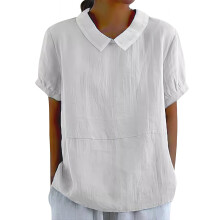 Women's cotton and linen top solid color collared-White XXL